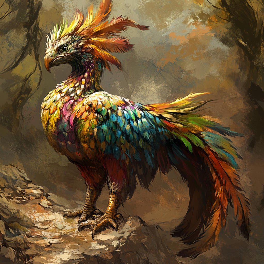 Colorful mythological creature with blended animal traits in detailed setting.