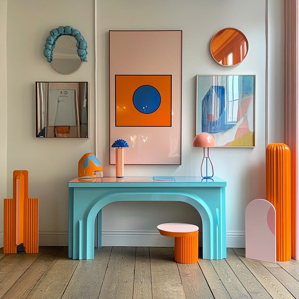 Colorful objects on gallery wall above desk