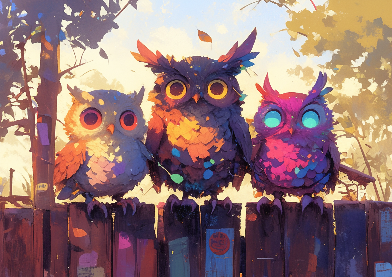 Colorful owls with big eyes on fence.