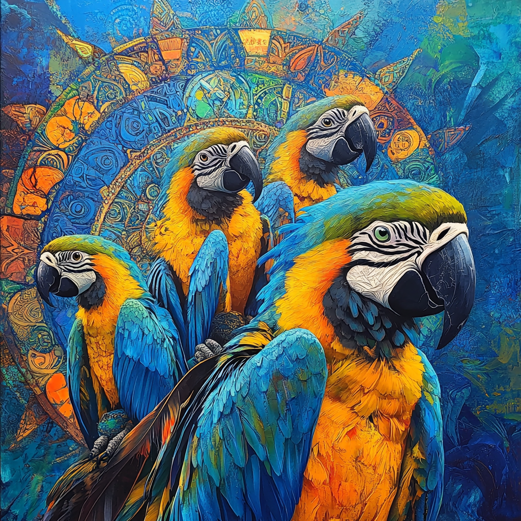 Colorful painting of macaws in dynamic poses, mandala background.