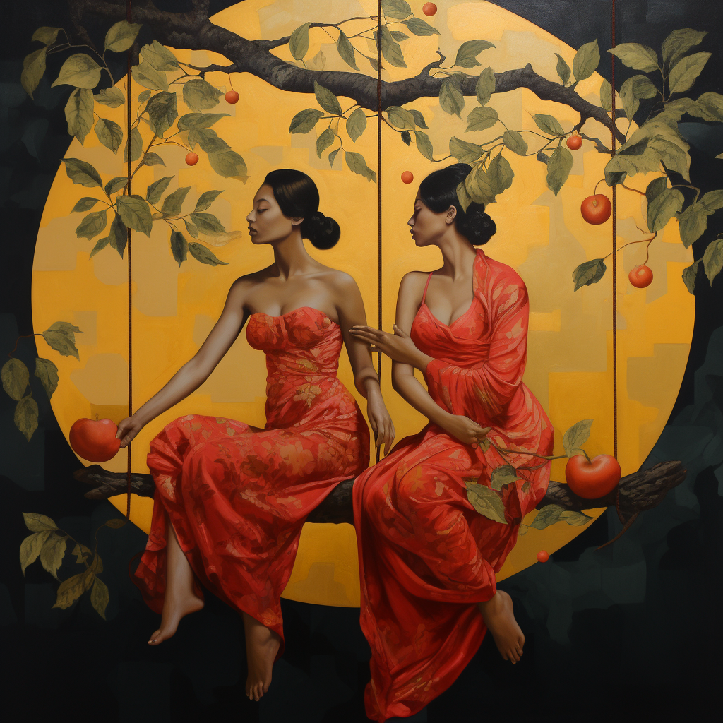 Colorful painting of swinging girls under mango tree