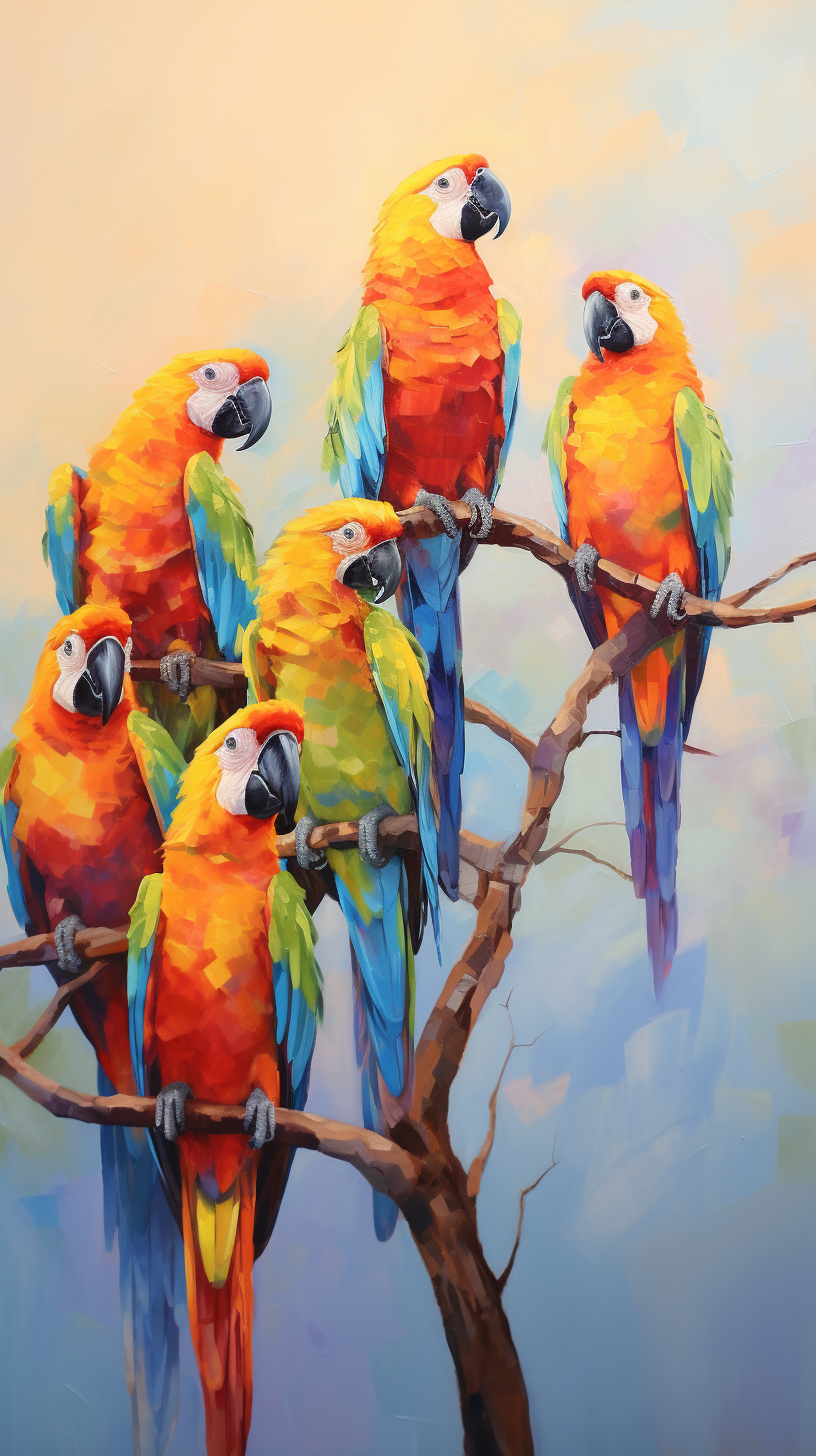 Colorful parrots on a branch, vibrant oil painting scene.