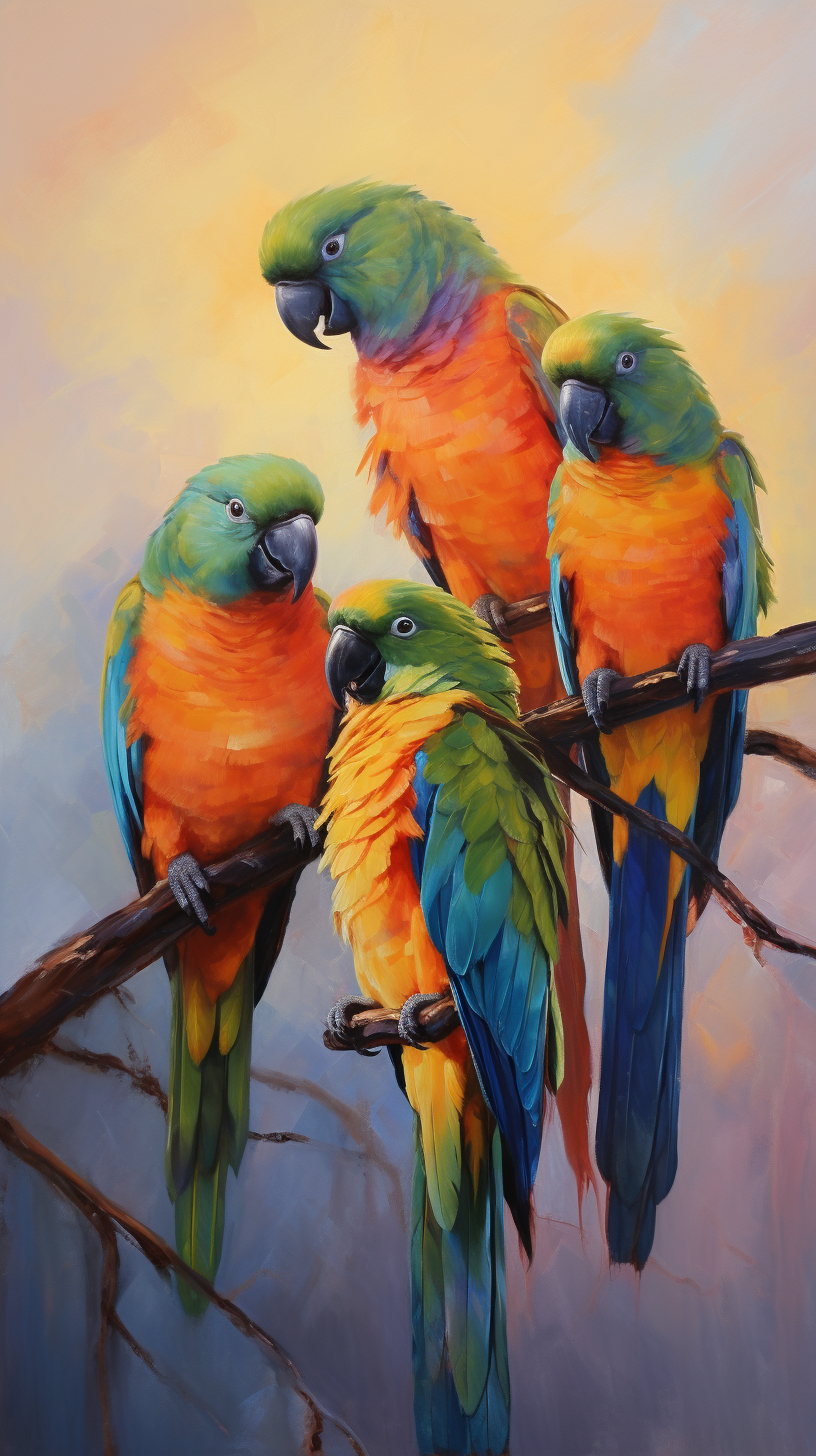 Colorful parrots on branch in vibrant oil painting scene.