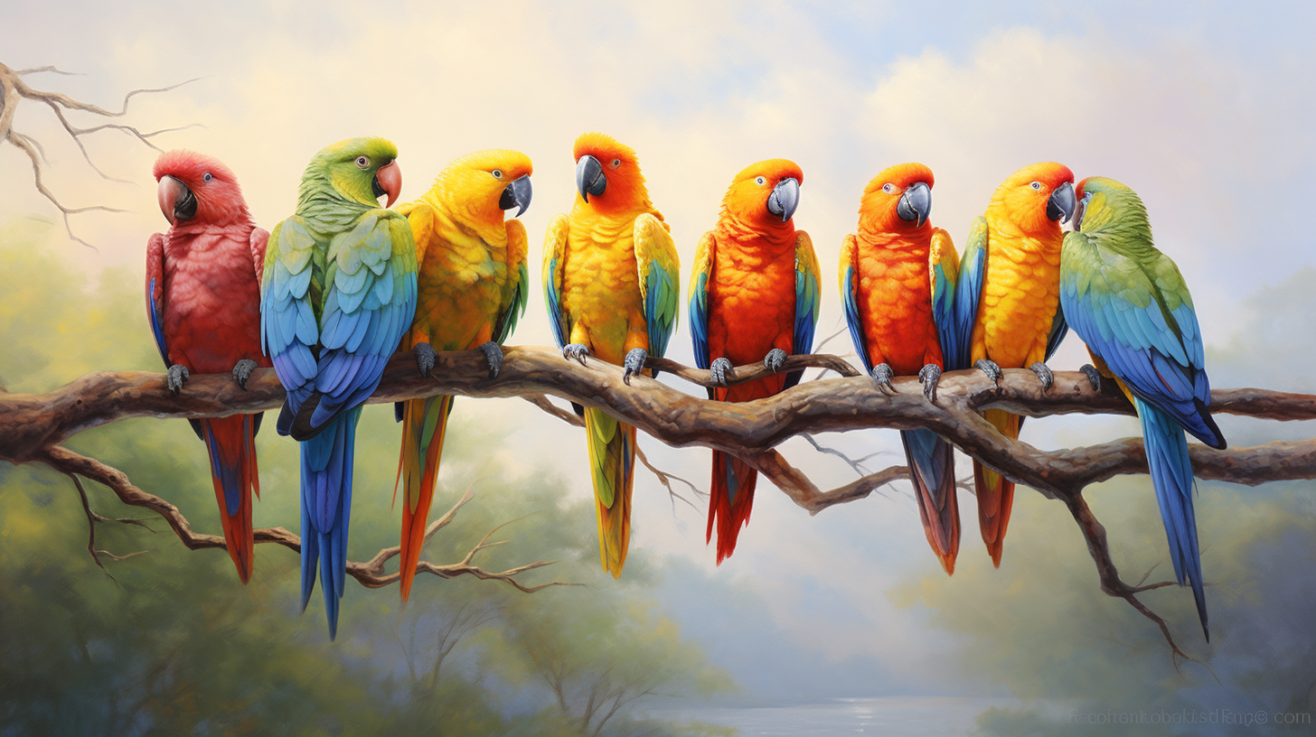 Colorful parrots on branch with pastel sky background, textured.