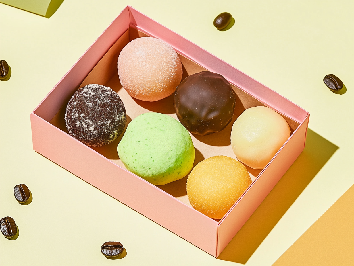 Colorful pastry box with chocolate and matcha balls