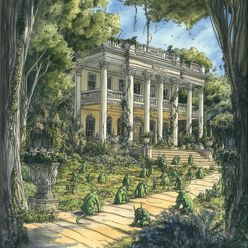 Colorful pen and ink drawing of plantation manor.