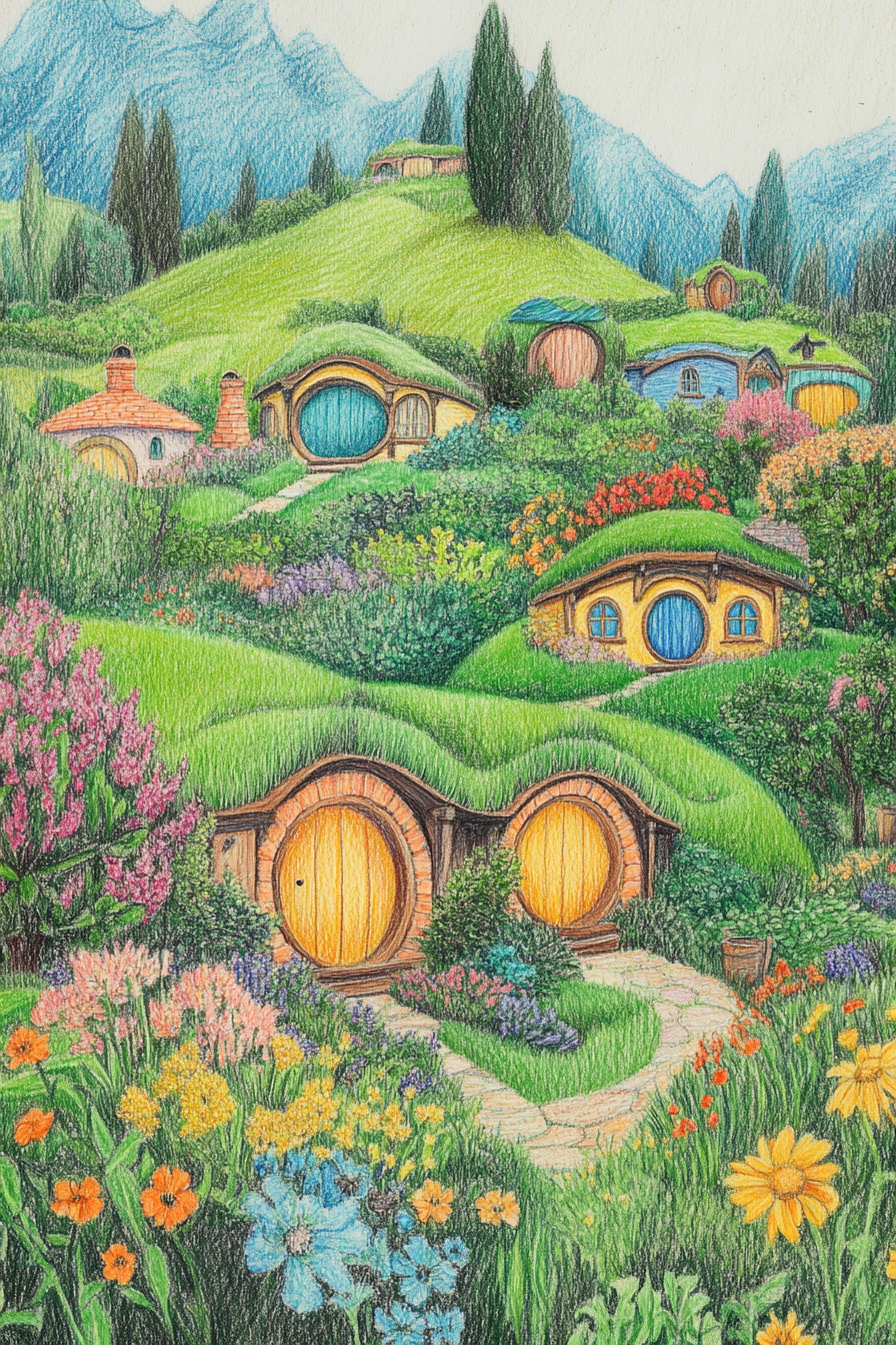 Colorful pencil drawing of peaceful hobbit village countryside.