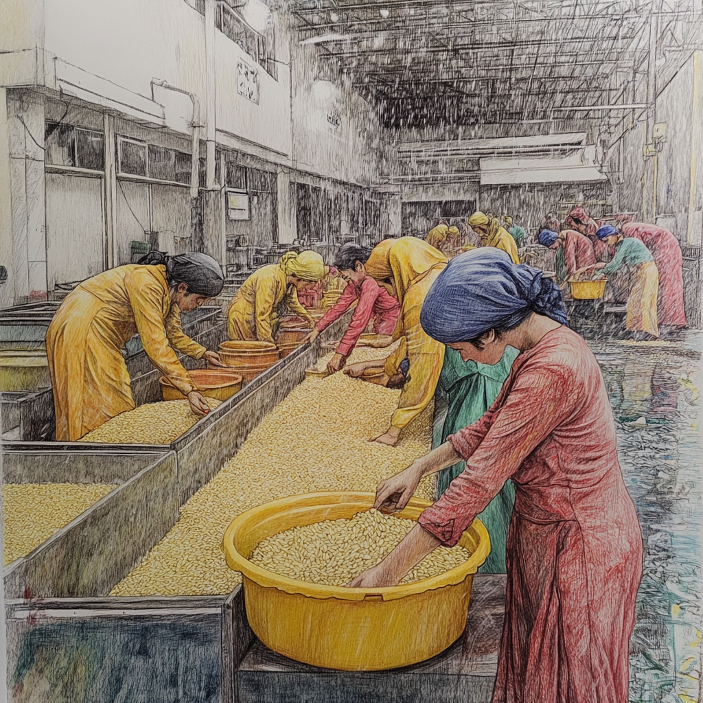 Colorful pencil sketch of Iranian women workers neating rice.