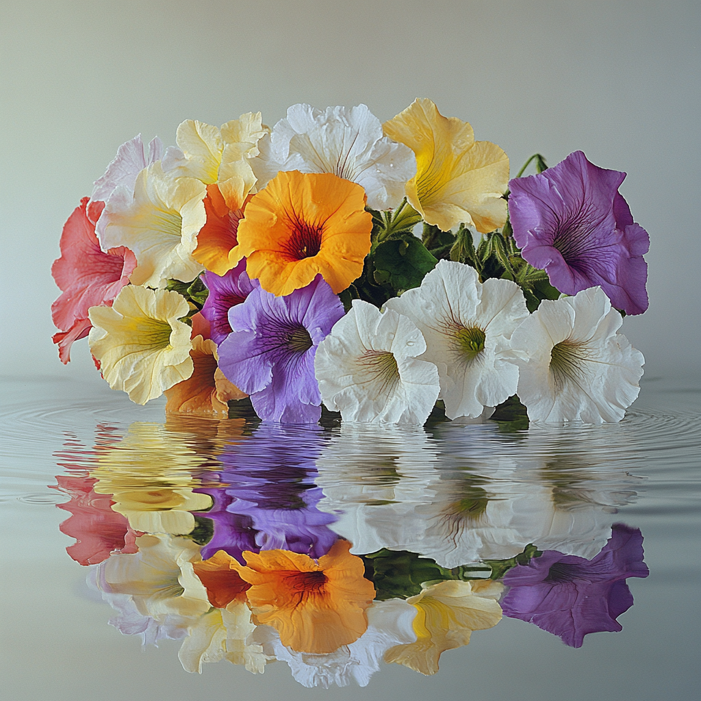 Colorful petunias bouquet on white water surface, realism