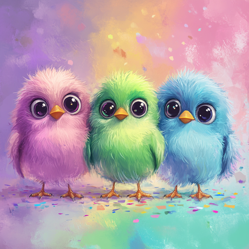 Colorful playful birds in rainbow scene.