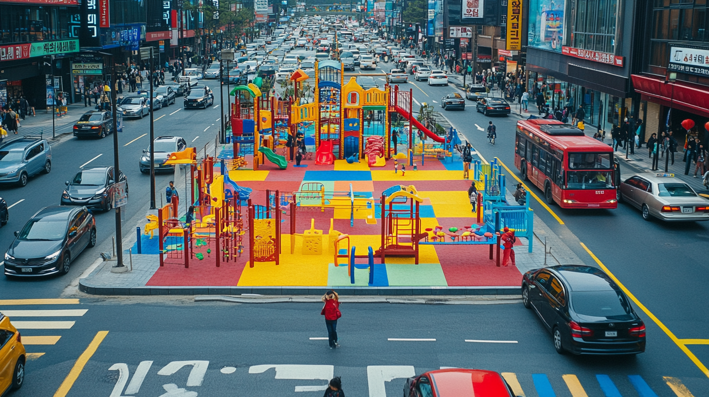 Colorful playground amidst Seoul's busy city street