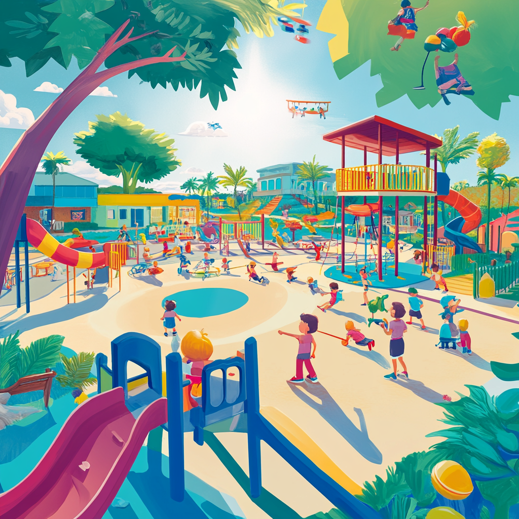 Colorful playground with characters playing sports on sunny days.