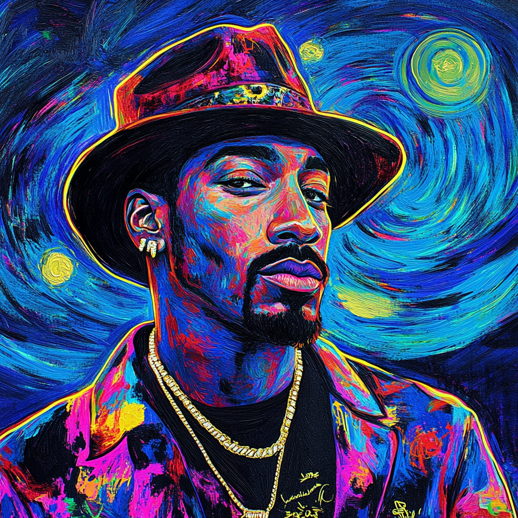 Colorful portrait of rapper with neon graffiti swirls