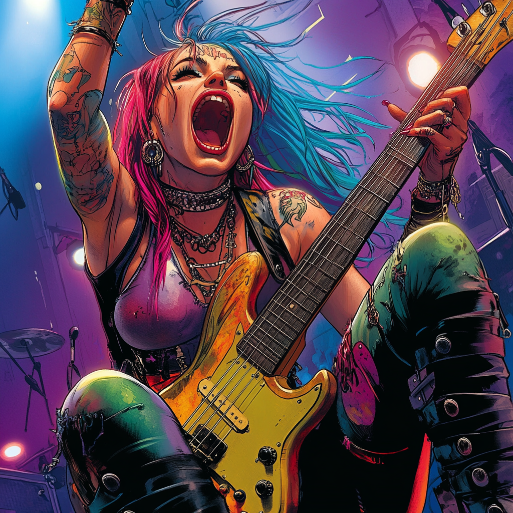 Colorful punk girl with tattoos and piercings playing guitar.