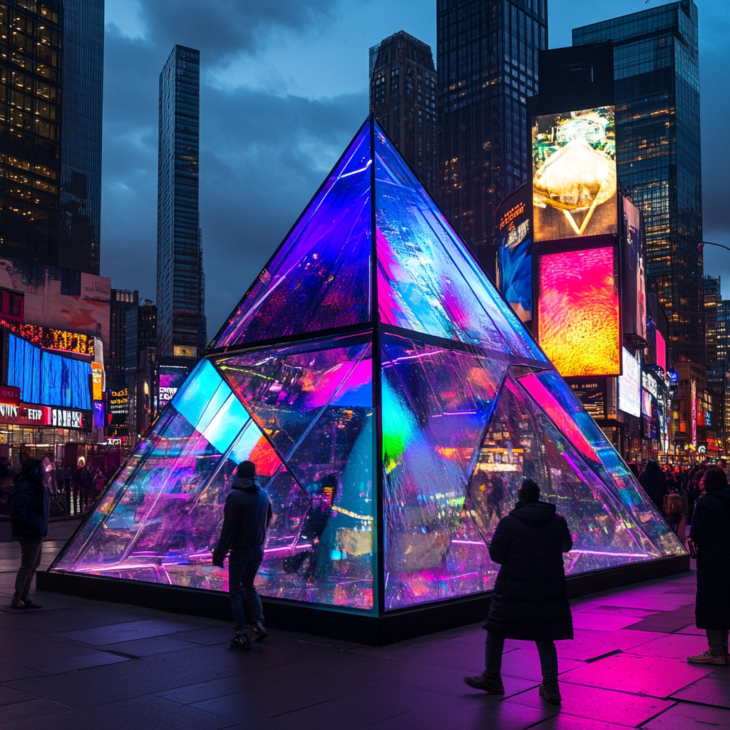 Colorful pyramid prism in Times Square lights up.