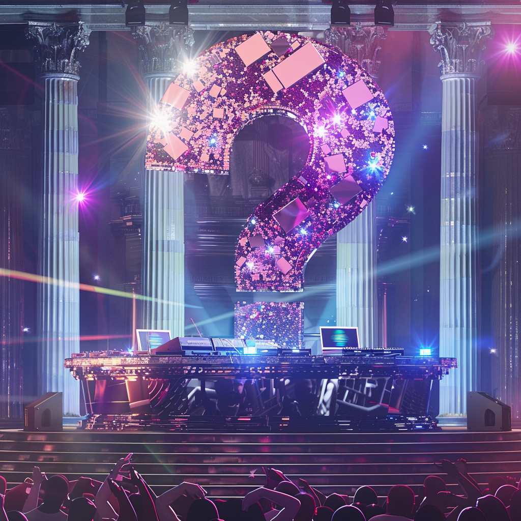 Colorful question mark stage at music festival colosseum 