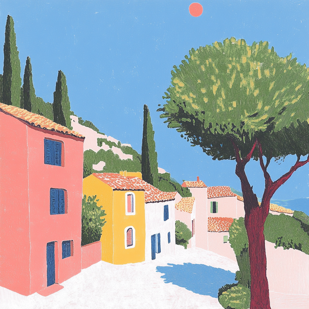 Colorful risograph print of Provencal village and nature.