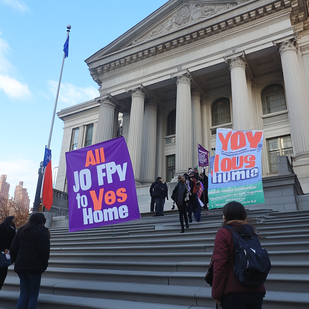 Colorful sign for NYC housing rally.