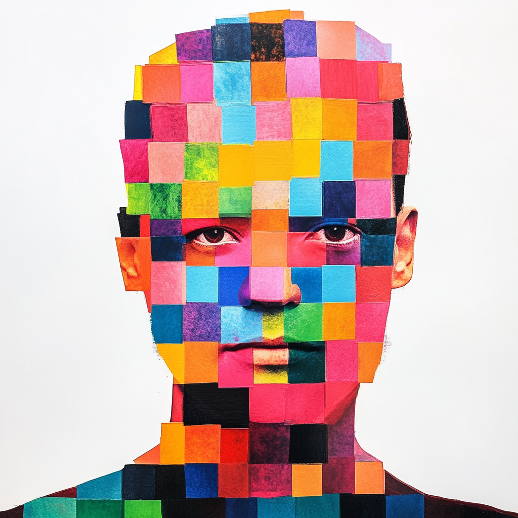 Colorful squares hide face in distorted picture on white background.