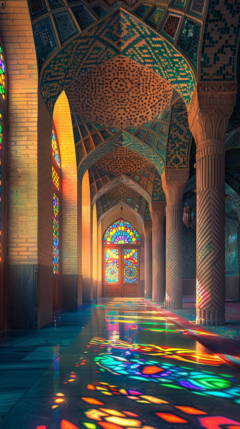 Colorful stained-glass windows and intricate carved columns.