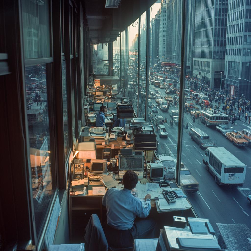 Colorful street photos of busy NYC office in 80s.