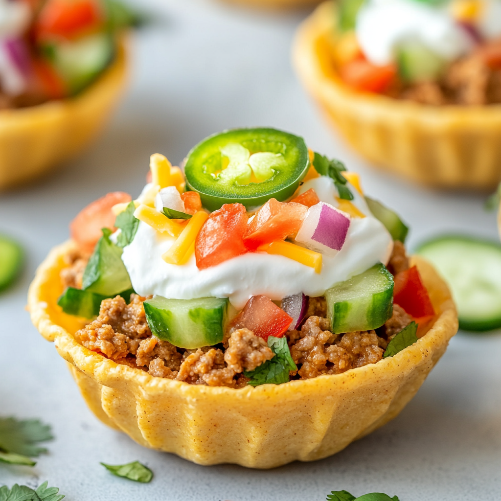 Colorful taco cups with various toppings in focus