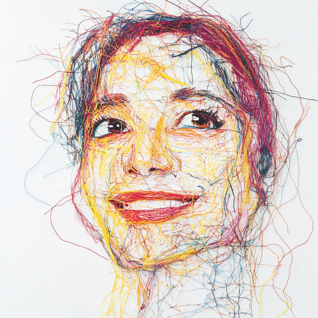 Colorful threads create smiling woman portrait on white background