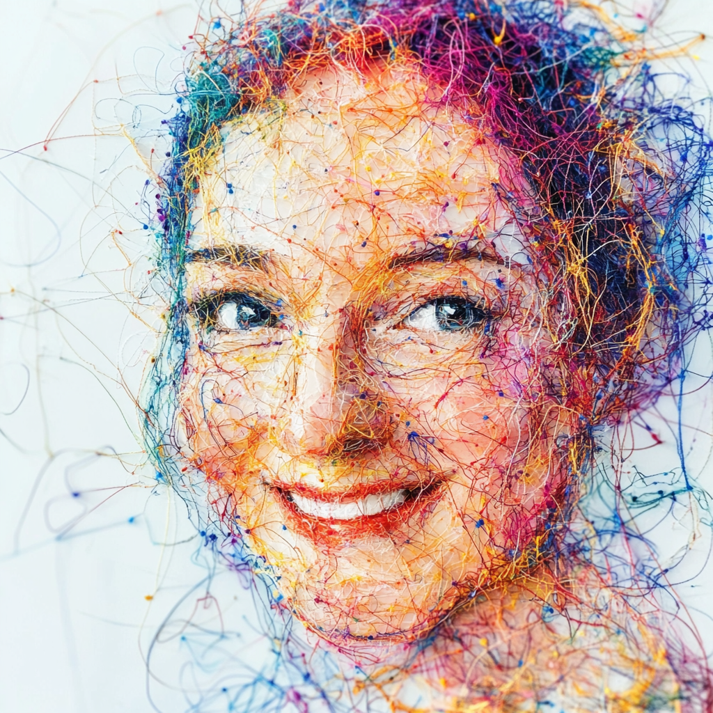 Colorful threads make smiling woman portrait on white