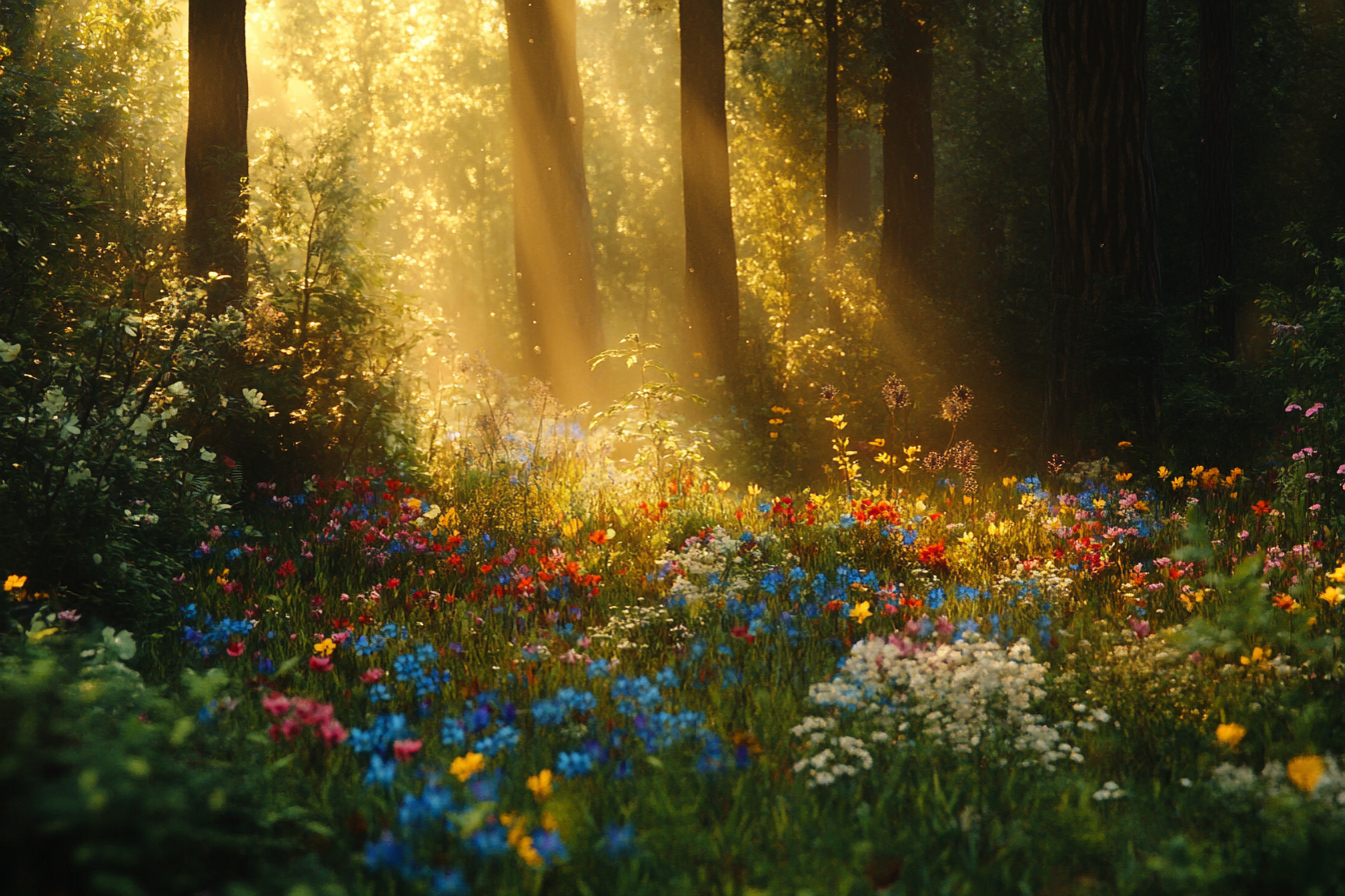 Colorful wildflowers in Asian forest with big trees behind.