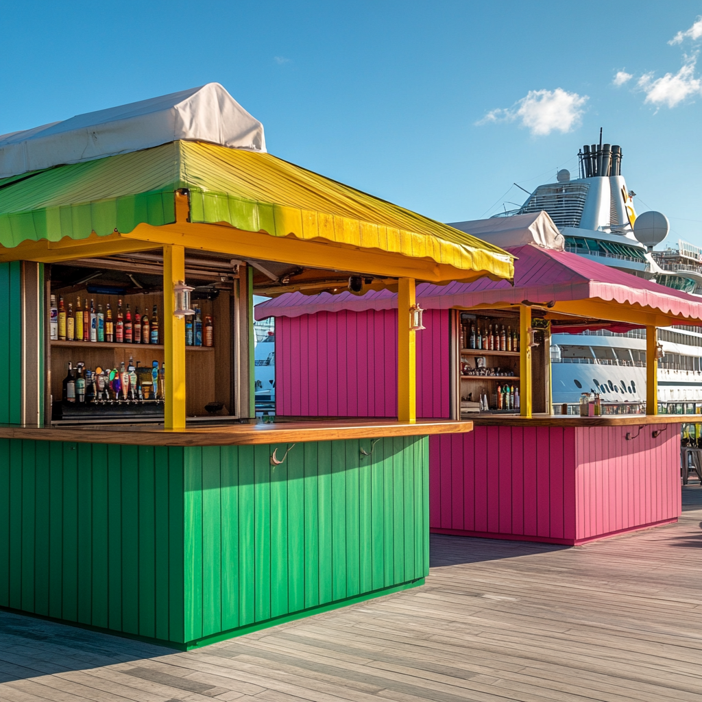 Colorful wooden bars with tents, cruise ship in background