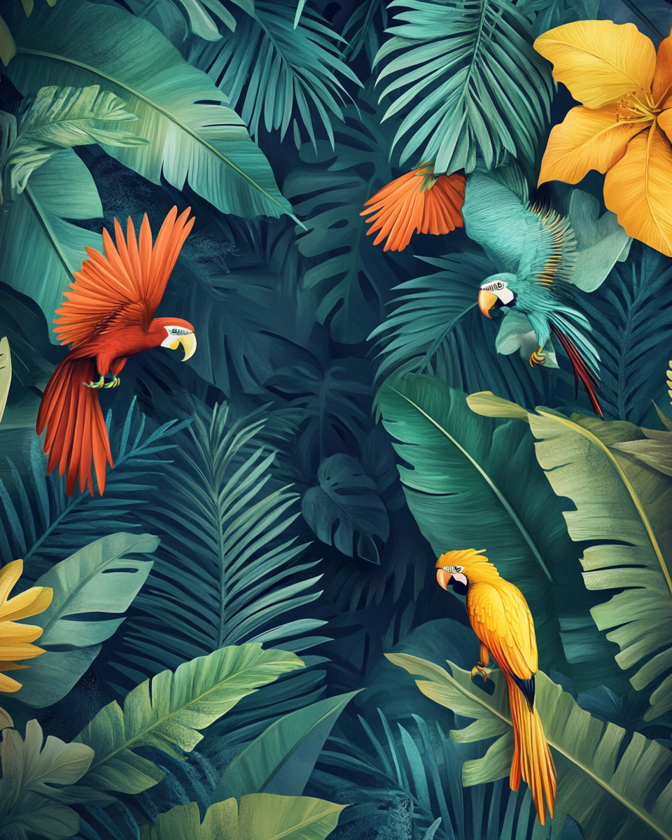 Coloridas aves tropicais em voo entre folhagens densas.