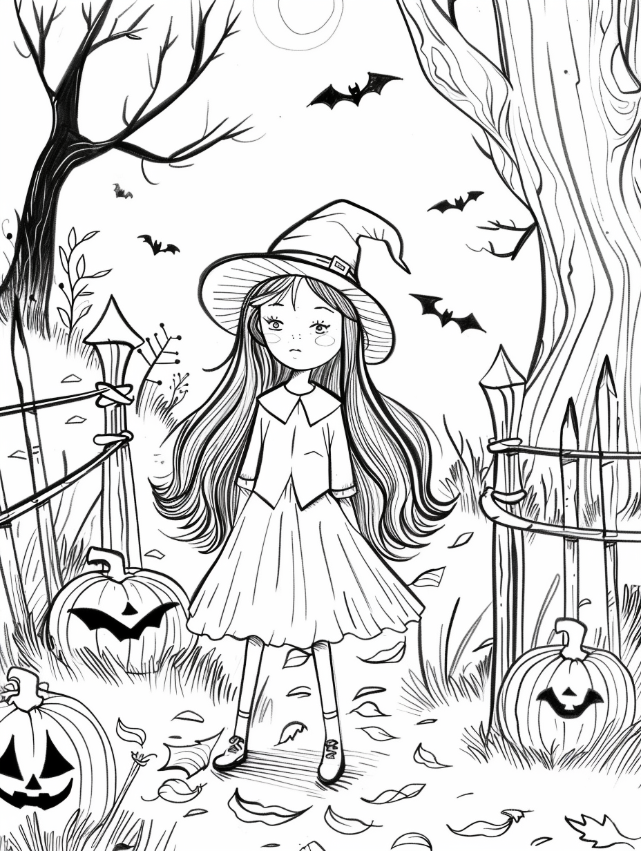 Coloring Book Page: Ten Year Old Girl in Halloween Scene