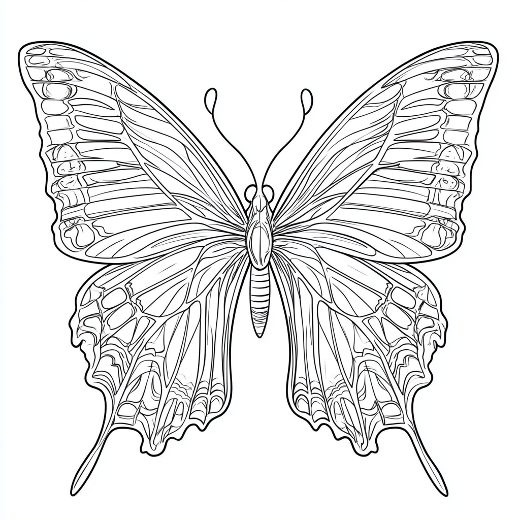 Coloring Book page: Butterfly with layered scales, thick outline.