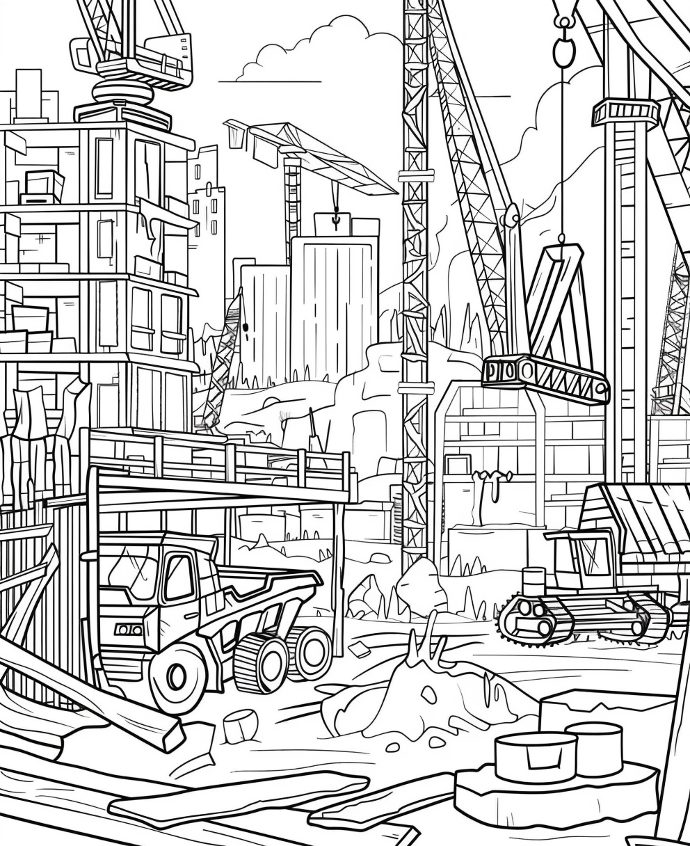 Coloring Page of Construction Site for Kids