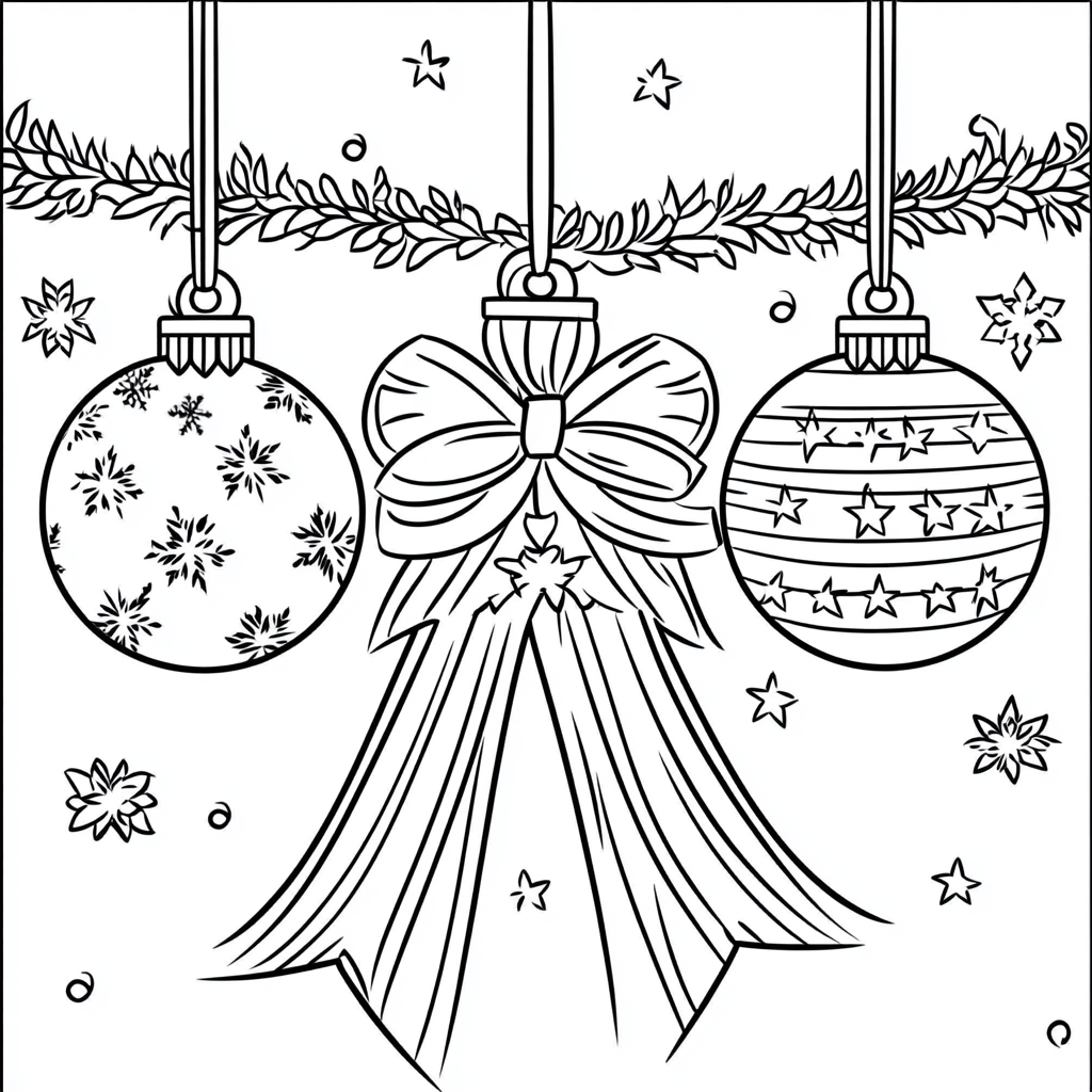 Coloring Three Christmas Baubles on Striped Bow Illustration