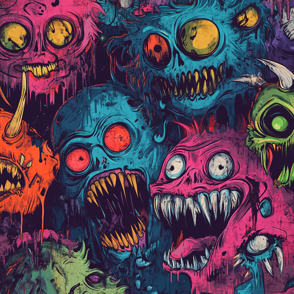 Coloring book page with graffiti-style monsters in vivid colors.