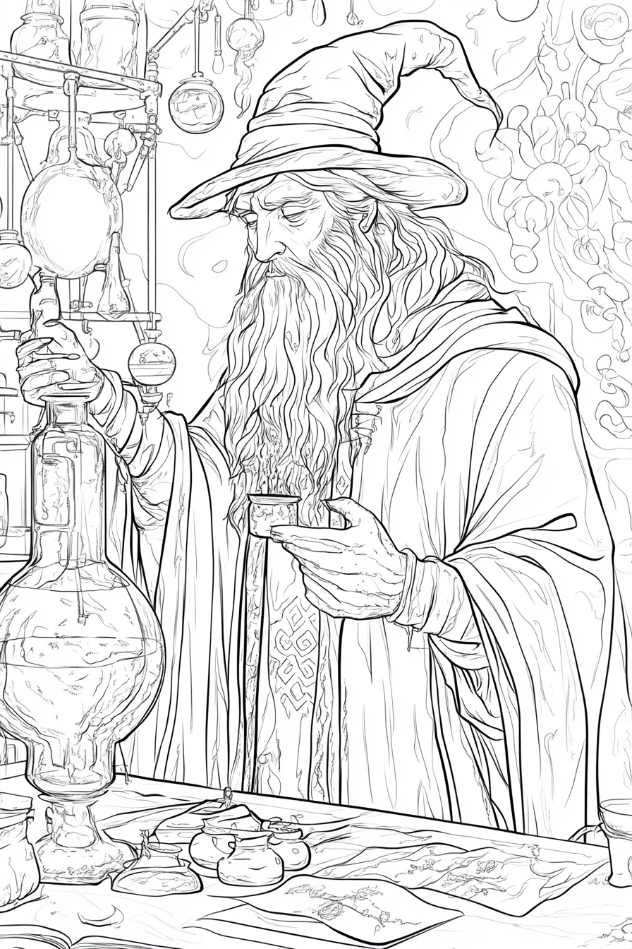 Coloring book scene for adults, powerful wizard, laboratory.