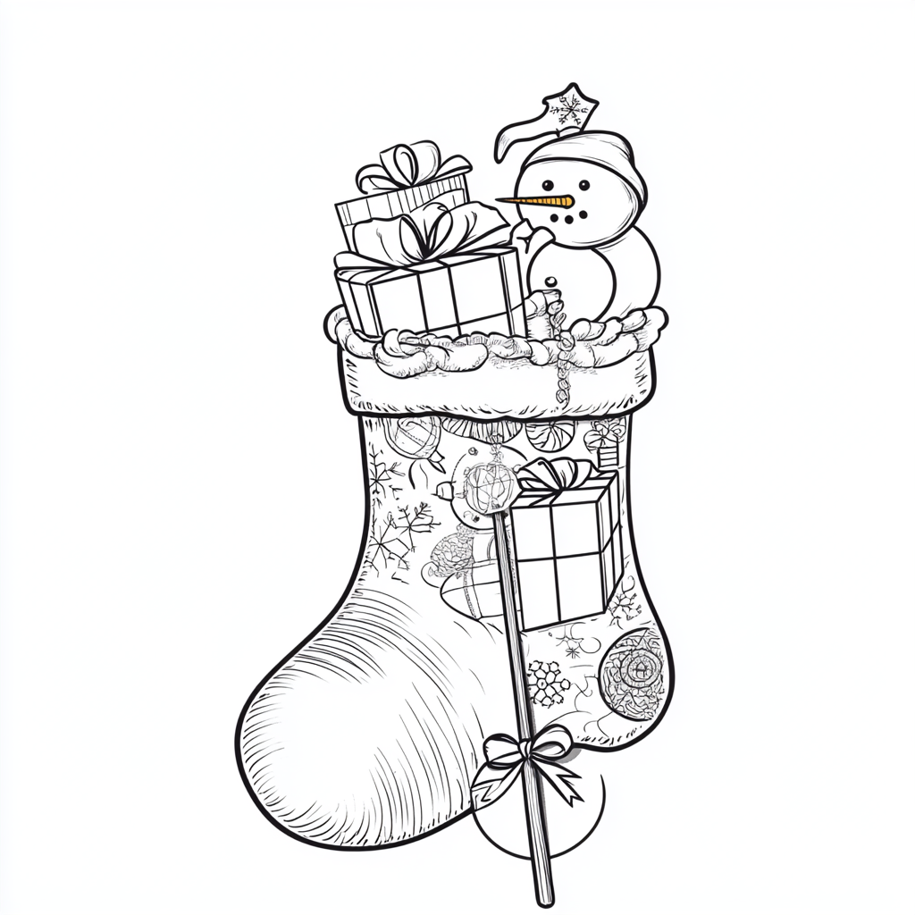Coloring book with Christmas sock, presents, snowman, lollipop.
