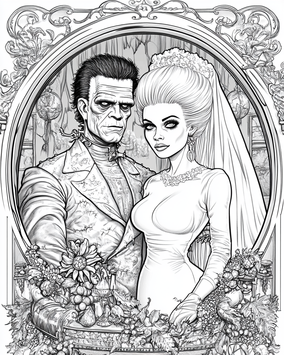 Coloring page design of Frankenstein's creature & Bride in white.