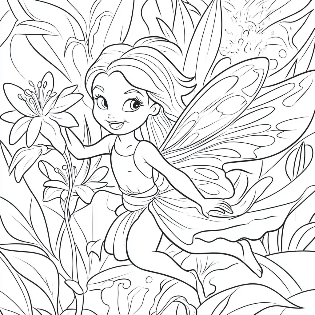 Coloring page for kids fairy Lily flower cartoon.