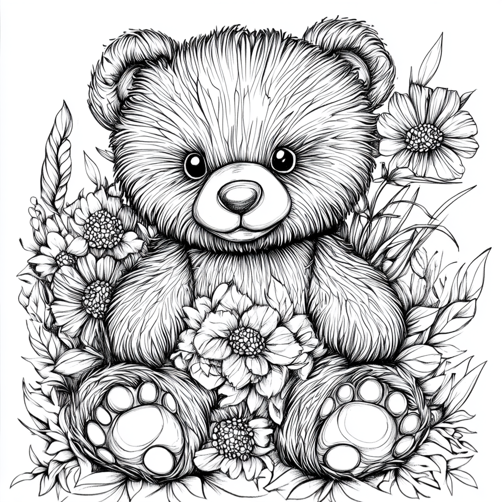 Coloring page for kids featuring teddy bear cartoon.