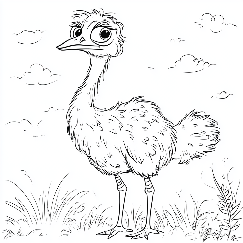 Coloring page for kids with cute ostrich cartoon.