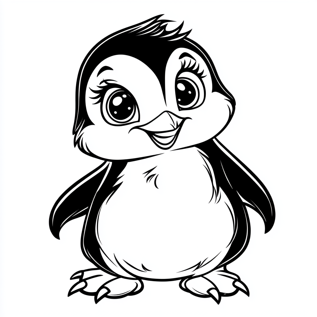 Coloring page for kids with cute penguin cartoon.