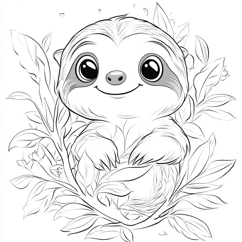 Coloring page for kids with cute sloth cartoon.