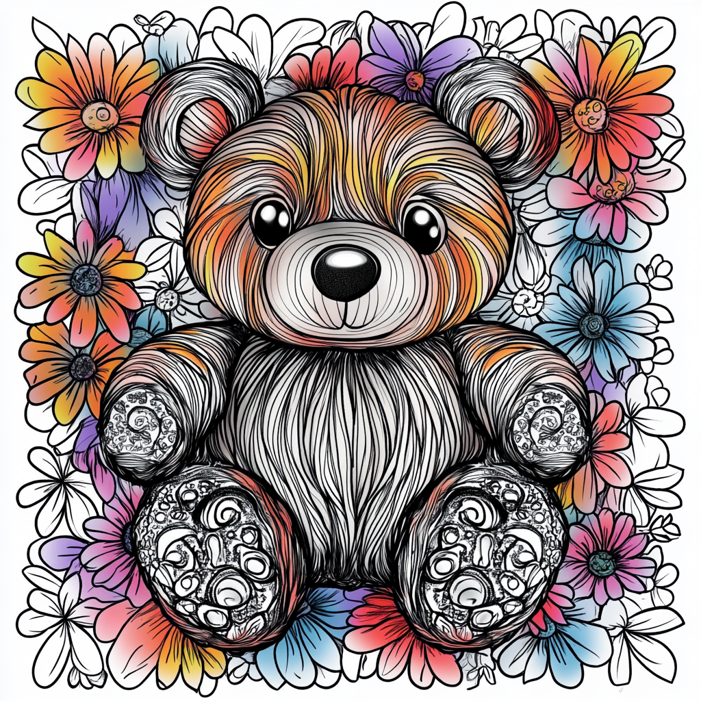 Coloring page for kids with teddy bear design.