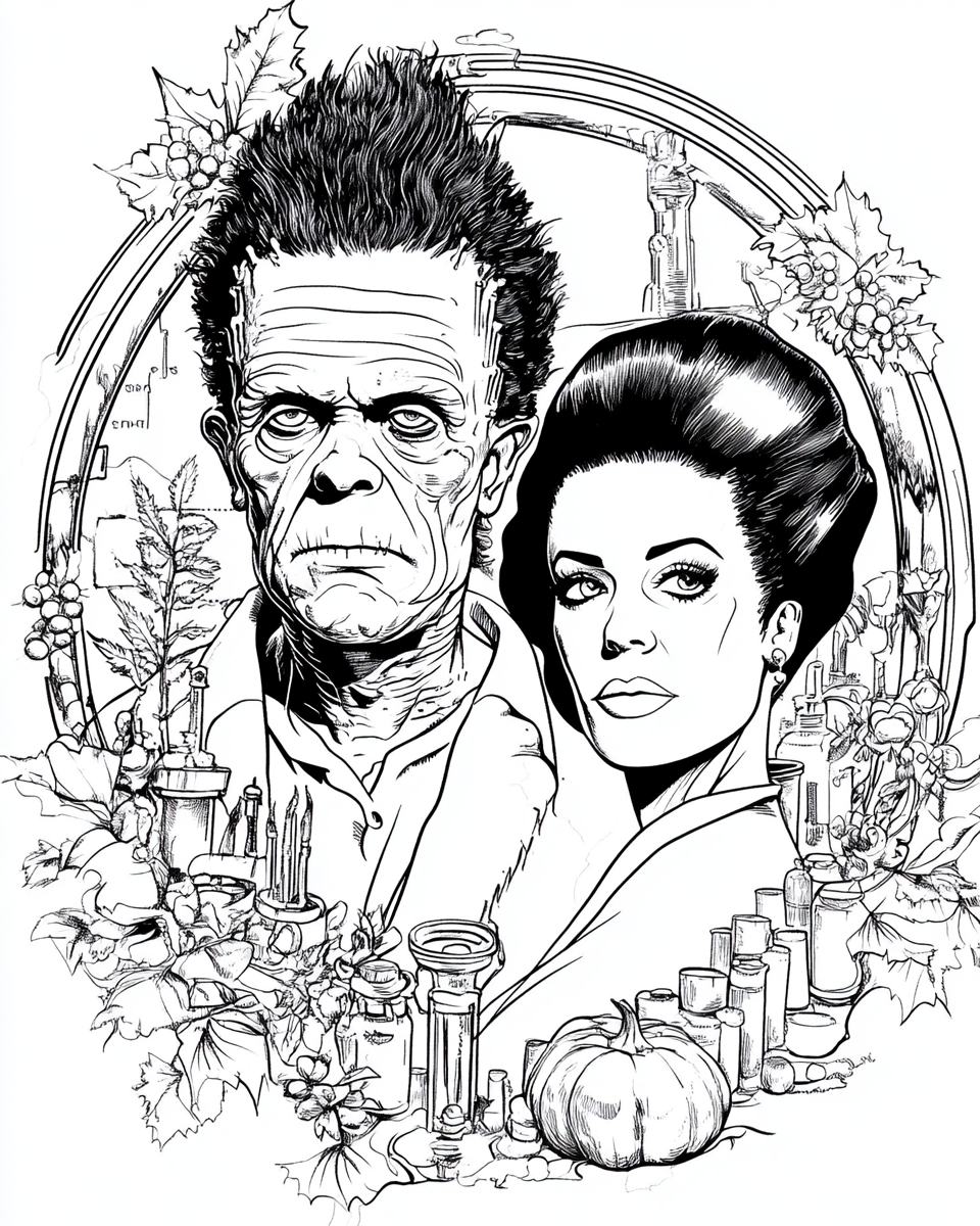 Coloring page image of classic Frankenstein couple in lab.