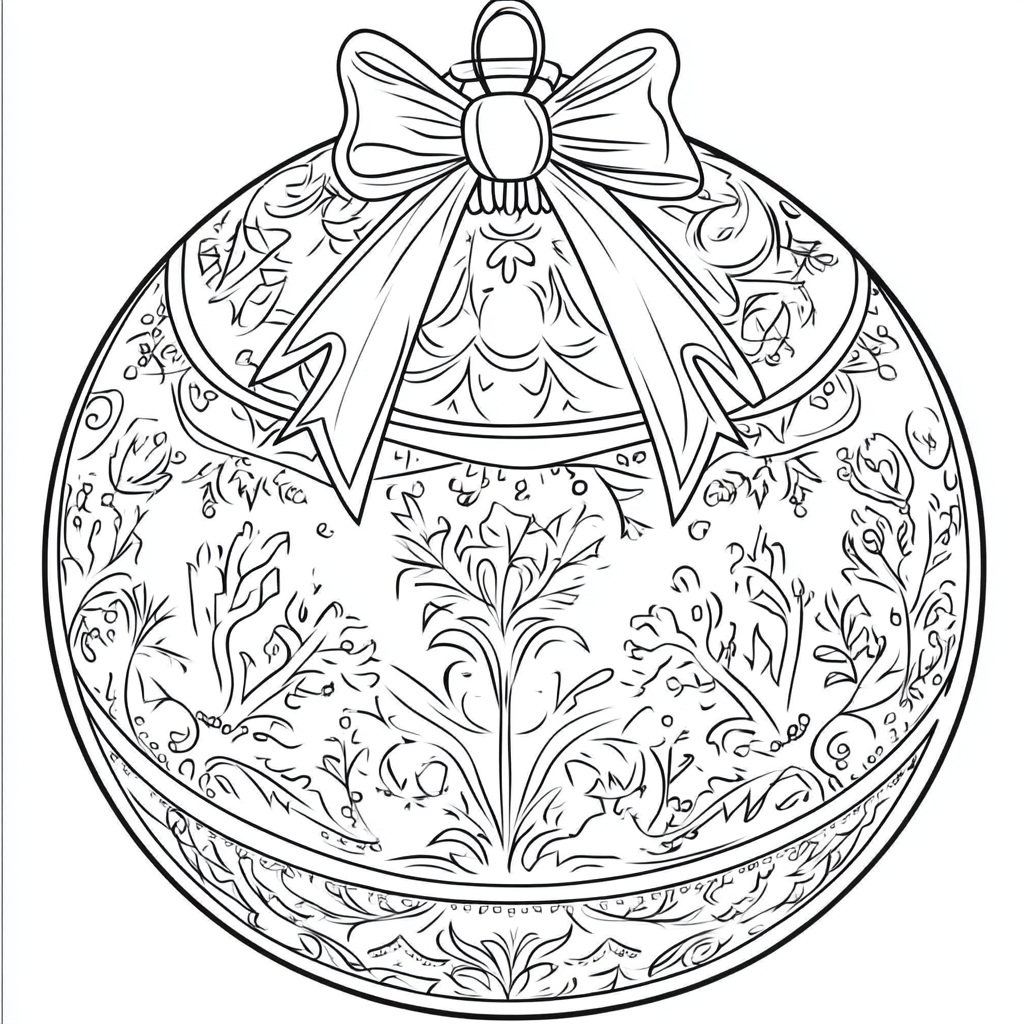 Coloring page of Christmas ball with bow on top.