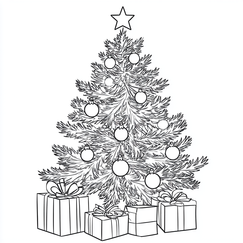 Coloring page of a Christmas tree with presents