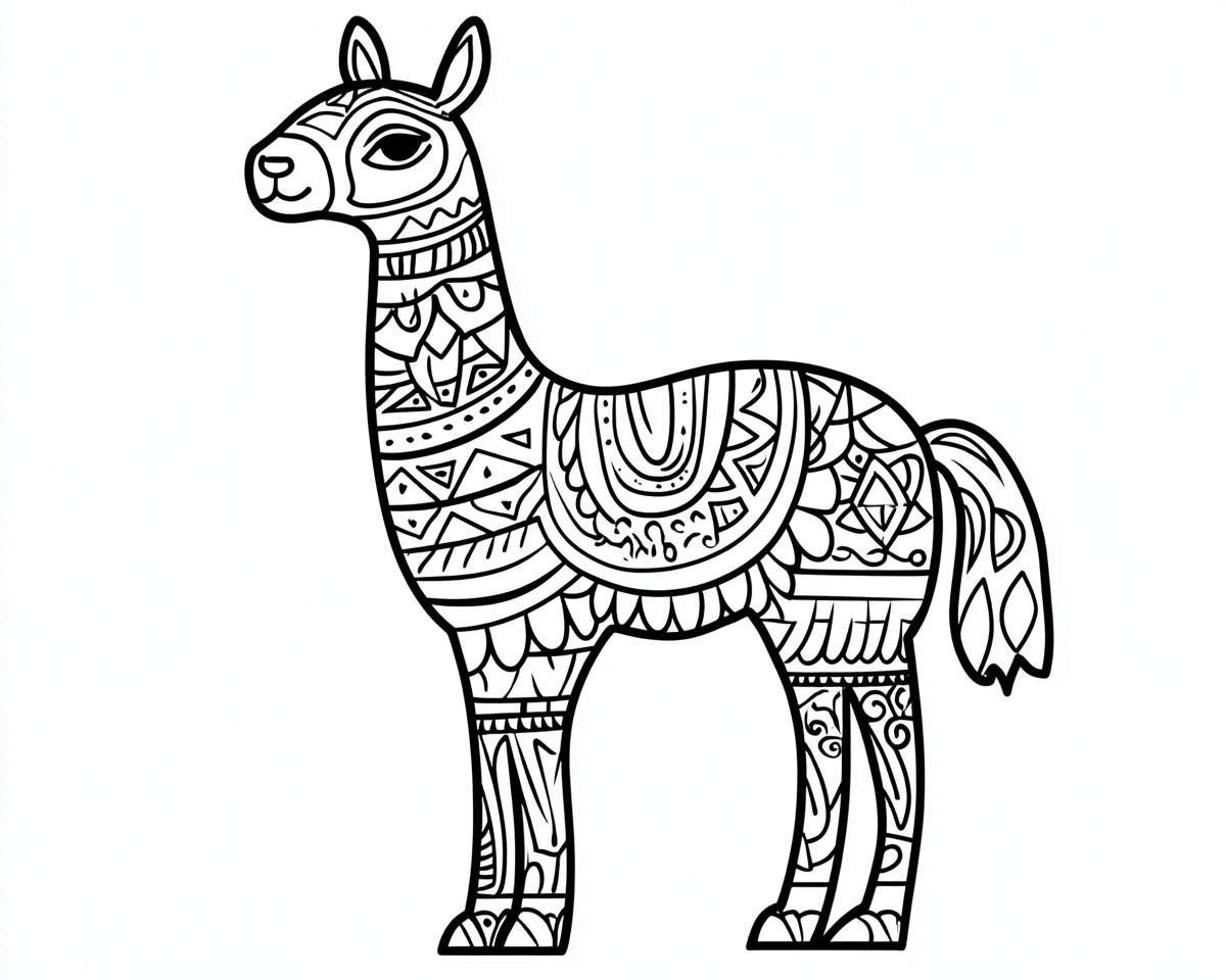 Coloring page of a Mexican llama on white background