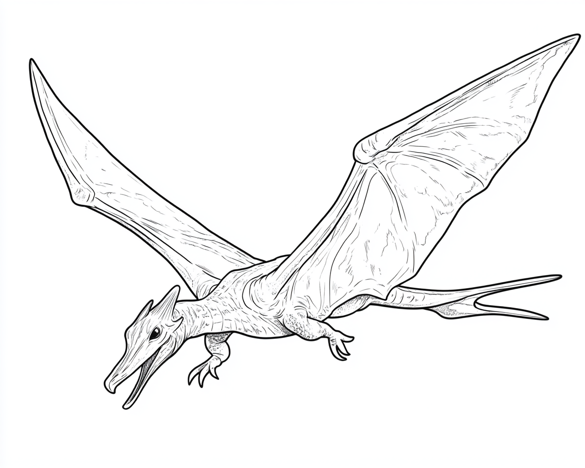 Coloring page of a pterodactyl dinosaur for kids.